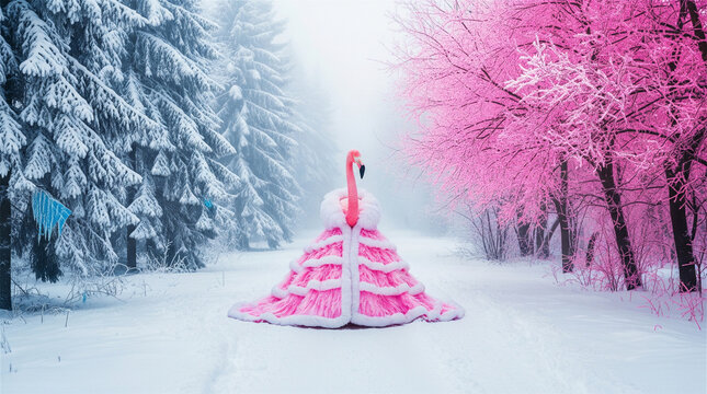Flamingo wearing an elaborate pink ruffled dress stands in the middle of a snow covered winter forest.