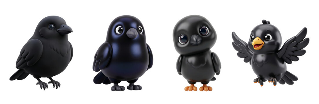 Set of four cute cartoon raven characters isolated with adorable rendered on transparent background