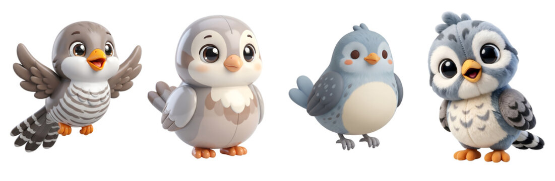 Set of four cute cartoon bird characters isolated with rendered stylized on transparent background
