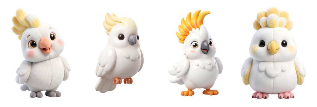 Four adorable cartoon cockatoo bird characters isolated with displays on transparent background
