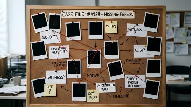 Detective Investigation Board With Blank Photos Connected By Red String