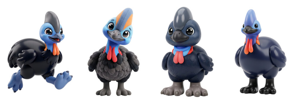 Four cute cartoon cassowary characters set with distinct poses on transparent background
