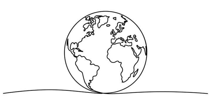 Continuous single line drawing of planet earth globe showing continents in a simple minimalist style