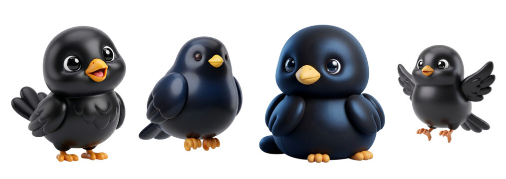 Four cute cartoon black bird characters set isolated with birds large on transparent background
