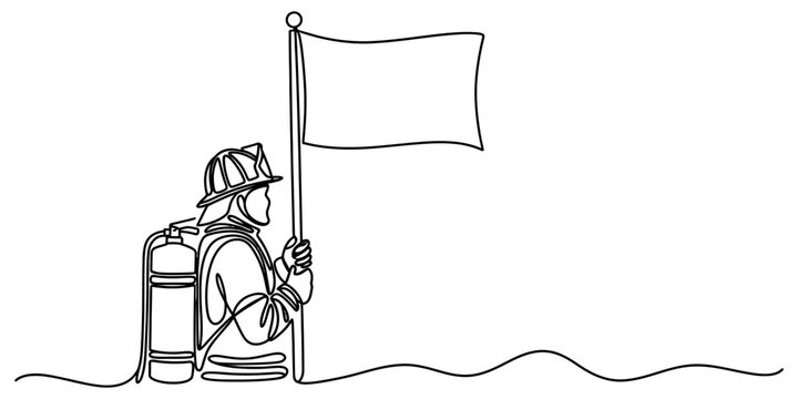 Continuous one line drawing of a firefighter holding a blank flag