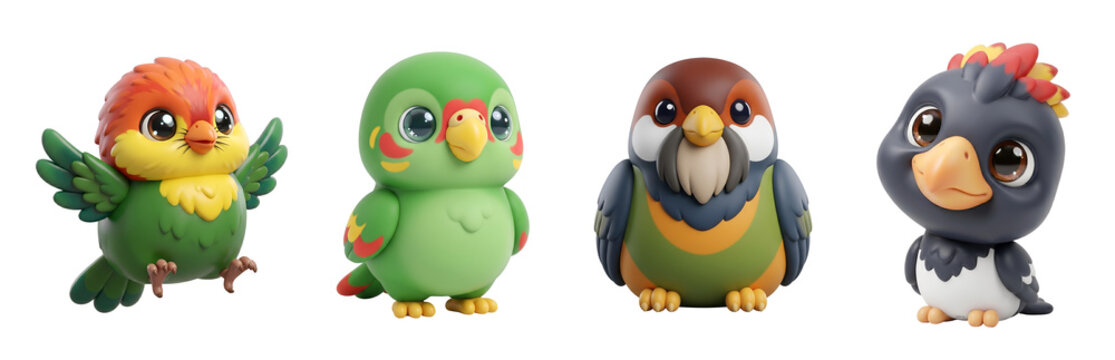 Four adorable stylized cartoon bird characters isolated with collection on transparent background