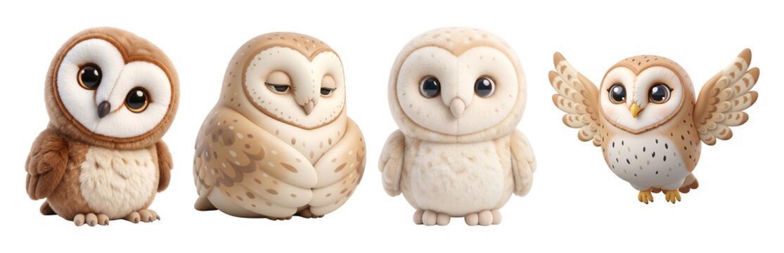 Four adorable cartoon owls representing various expressions with four on transparent background