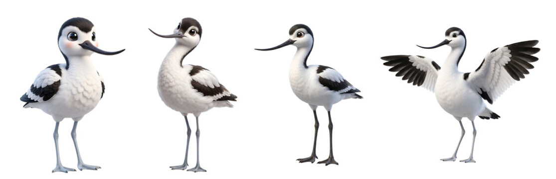 Four cartoon avocet birds in varied poses with collection four stylized on transparent background