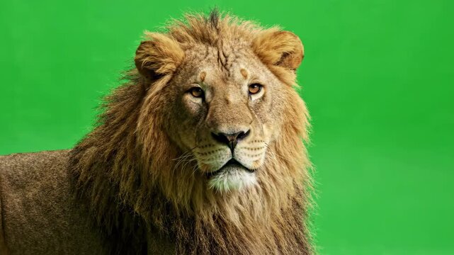 Majestic male lion with a thick mane sitting calmly against a solid green screen background while blinking and looking around