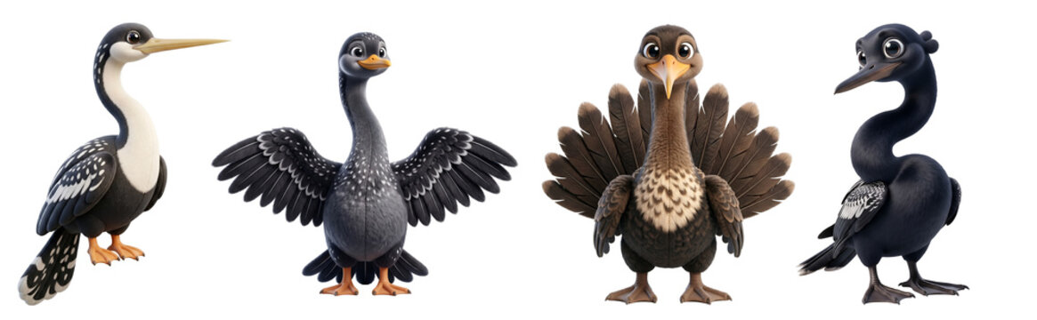 Cute Black Water Birds Cormorant Characters Set in Various Poses Transparent Background
