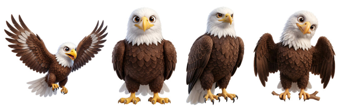 Set of four cartoon bald eagles in different poses with collection four on transparent background