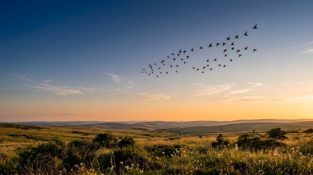 Flock of birds flying in clear blue sky over scenic landscape during golden sunset light