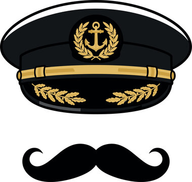 Nautical captain hat vector illustration with black mustache and golden anchor emblem isolated on white background for marine design