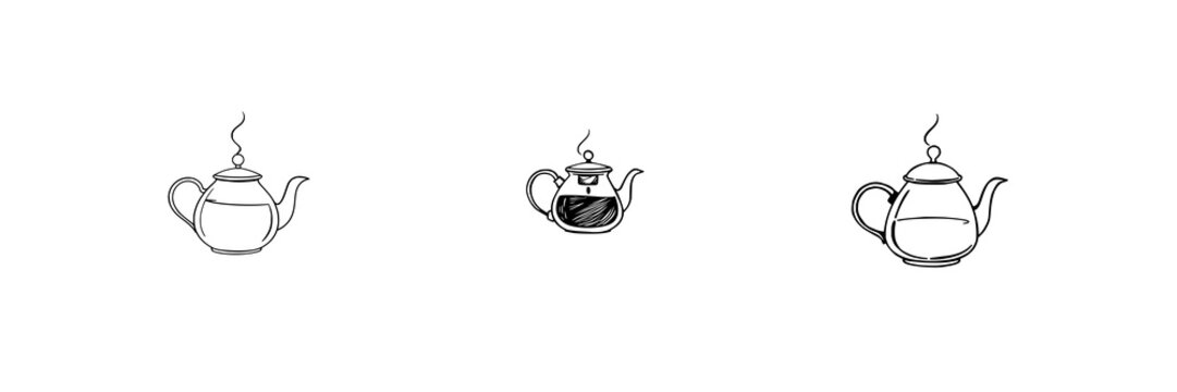 Teapot set with abstract line art illustration featuring tea, steam, cafe minimalist design with black ink and white background