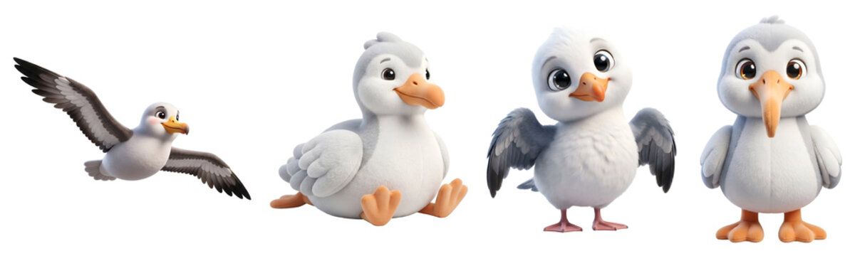 Cute Cartoon Seagull Characters Set in Various Poses Transparent Background