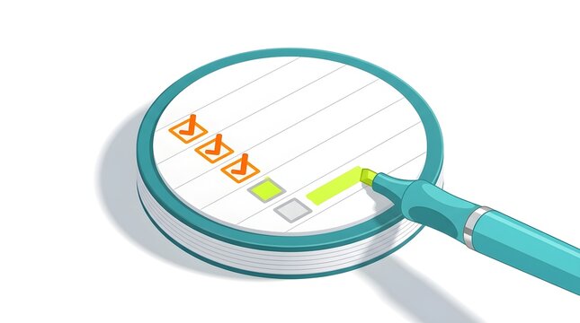 Isometric vector illustration of task checklist with checkmarks and highlighter pen marking completed goals for business planning