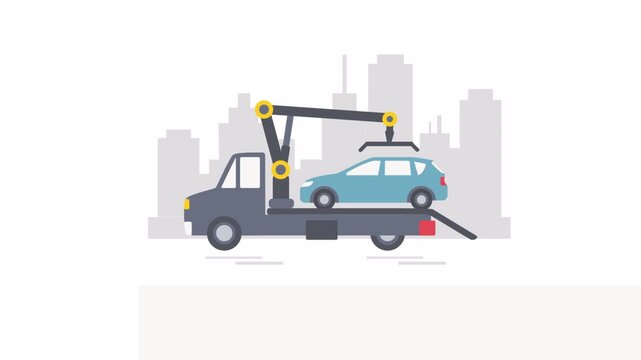 Flat illustration of a tow truck carrying a car in the city.