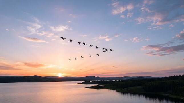 Flock of migratory birds flying in V formation over calm lake water during scenic colorful sunset