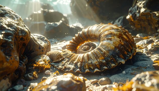 Ancient ammonite fossil shell resting on rocky seabed with sunlight rays.