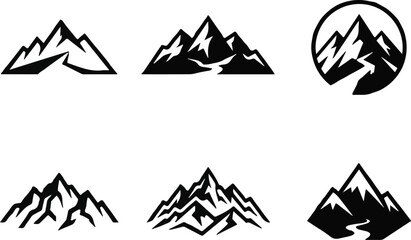Fototapeta premium Modern Mountain Icon Set with Vector Landscape Silhouettes Warning Signs and Geometric Symbol Collection for Design and Branding
