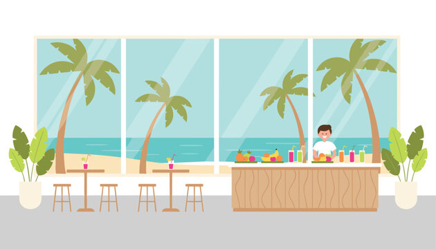 Tropical juice bar at the beach with fresh fruits, cold drinks, a friendly bartender, palm trees, and ocean view in the back.