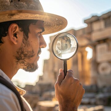 Archaeologist examining ancient ruins with a magnifying glass during a sunny day.