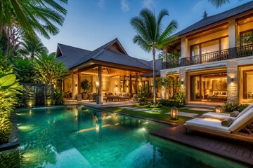 Fototapeta premium Luxury villa with illuminated pool and tropical landscaping