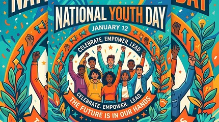 Obraz premium National Youth Day poster design with diverse young people celebrating and empowering each other with colorful art