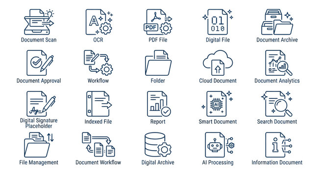 Collection of digital document management and processing icons.