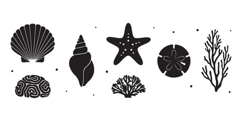 Collection of diverse marine elements featuring beautiful seashells starfish sand dollars and delicate coral in black shapes and soft pastel peach colors for summer beach ocean themes. Black design © MdMufassel