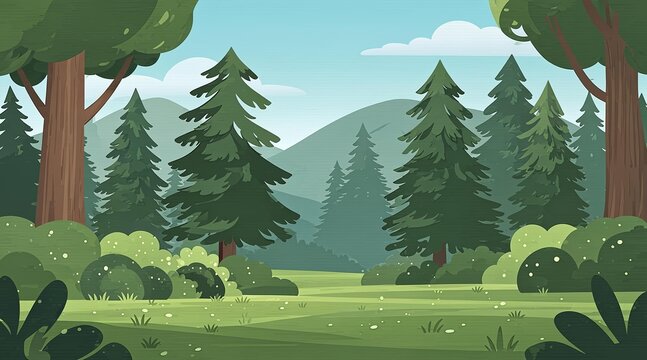 Pine forest landscape with green trees and grassy glade in a flat cartoon vector illustration