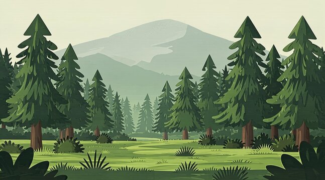 Pine forest landscape vector illustration with green trees and mountains in background