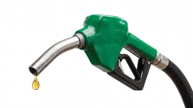 Green fuel pump nozzle refueling gasoline into vehicle tank. Close-up of diesel or petrol dispenser filling car with energy for travel.