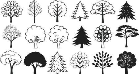 Collection of various tree silhouettes in black and white, featuring different leaf shapes, branch patterns, and coniferous tree types © Shakib