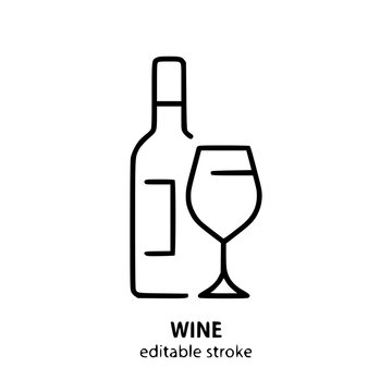 Minimalist wine bottle and glass icon, modern black line art vector illustration, editable stroke winery symbol for menu design and branding