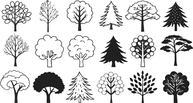 Collection of various tree silhouettes in black and white, featuring different leaf shapes, branch patterns, and coniferous tree types