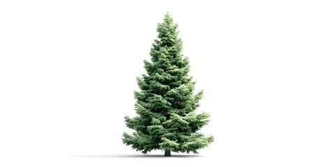 Fototapeta premium A tall, green evergreen tree stands isolated on a white background.