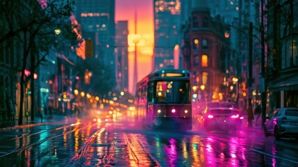 An epic and cinematic action-packed photo of downtown Toronto, mid-shot, shot from the middle of the street with glowing city lights and zooming lights, include the most famous Toronto buildings, Good