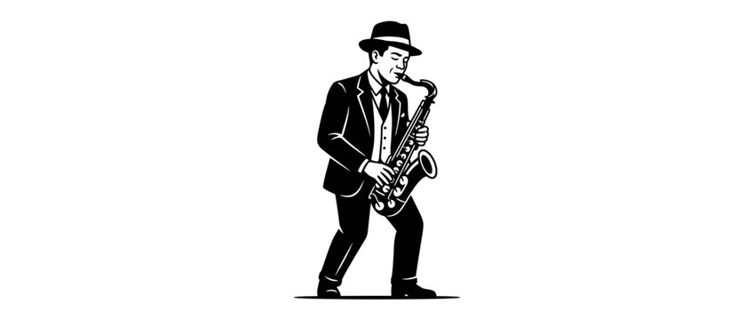 Man in Suit Playing Saxophone with Fedora Hat