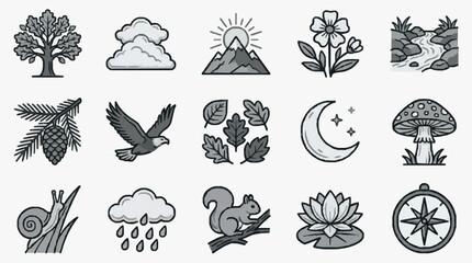Fototapeta premium Clean Minimalist Black and White Nature and Weather Icon Set Tree Clouds Mountain Flower Forest Pinecone Eagle Leaves Moon Mushroom Snail Rain Squirrel Lotus Compass