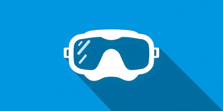 White diving mask icon with long shadow on blue background.