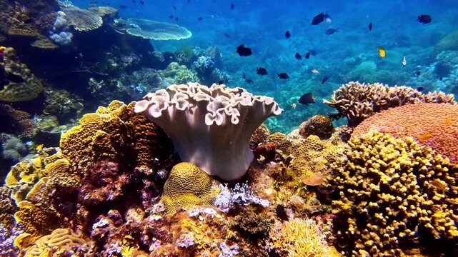 Close-up of a large tropical leather coral surrounded by healthy hard corals and small reef fish in crystal-clear blue water. Vibrant underwater background with natural blue copy space, for Canva.
