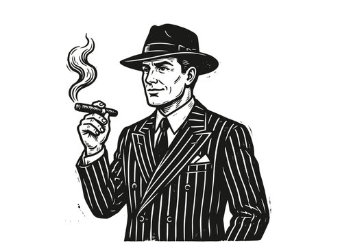 Gentleman smoking cigar in formal suit and fedora, vintage engraved illustration, noir character vector illustration