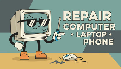 Naklejka premium Angry retro computer character with dark sunglasses holding a screwdriver to promote computer repair services.