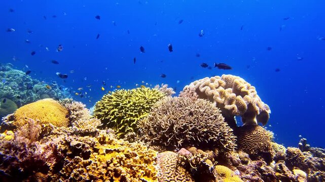 Wide underwater view of a vibrant tropical coral reef with expansive blue water copy space. Ideal ocean background for Canva designs, presentations, websites, travel marketing and social media.