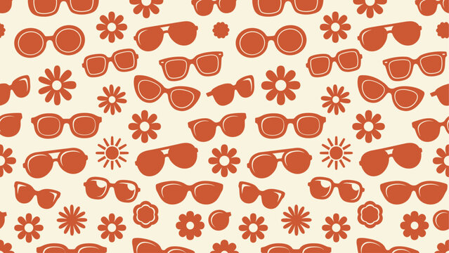 Seamless Retro Sunglasses and Flowers Pattern in 70s Groovy Style. Flat vector illustration EPS 10.