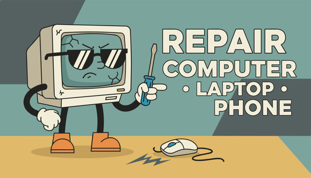 Angry retro computer character with dark sunglasses holding a screwdriver to promote computer repair services.