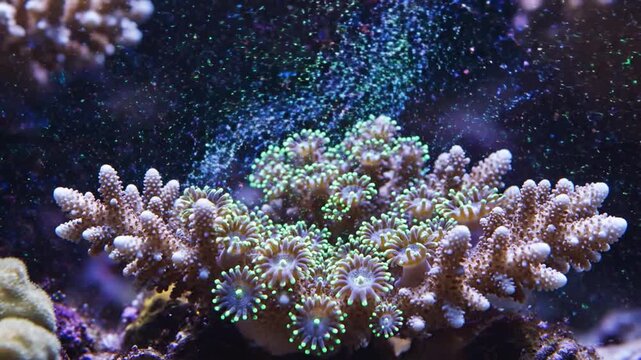 Vibrant Coral Reef With Bioluminescent Particles Illuminating Underwater Ecosystem