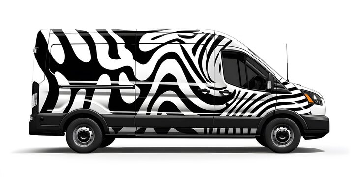 Van with zebra pattern wrap, modern transportation design.