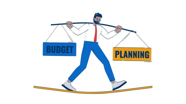 Man balances on tightrope holding budget and planning signs. He walks carefully between two weights. Black background highlights his effort and focus. Ideal for financial, business